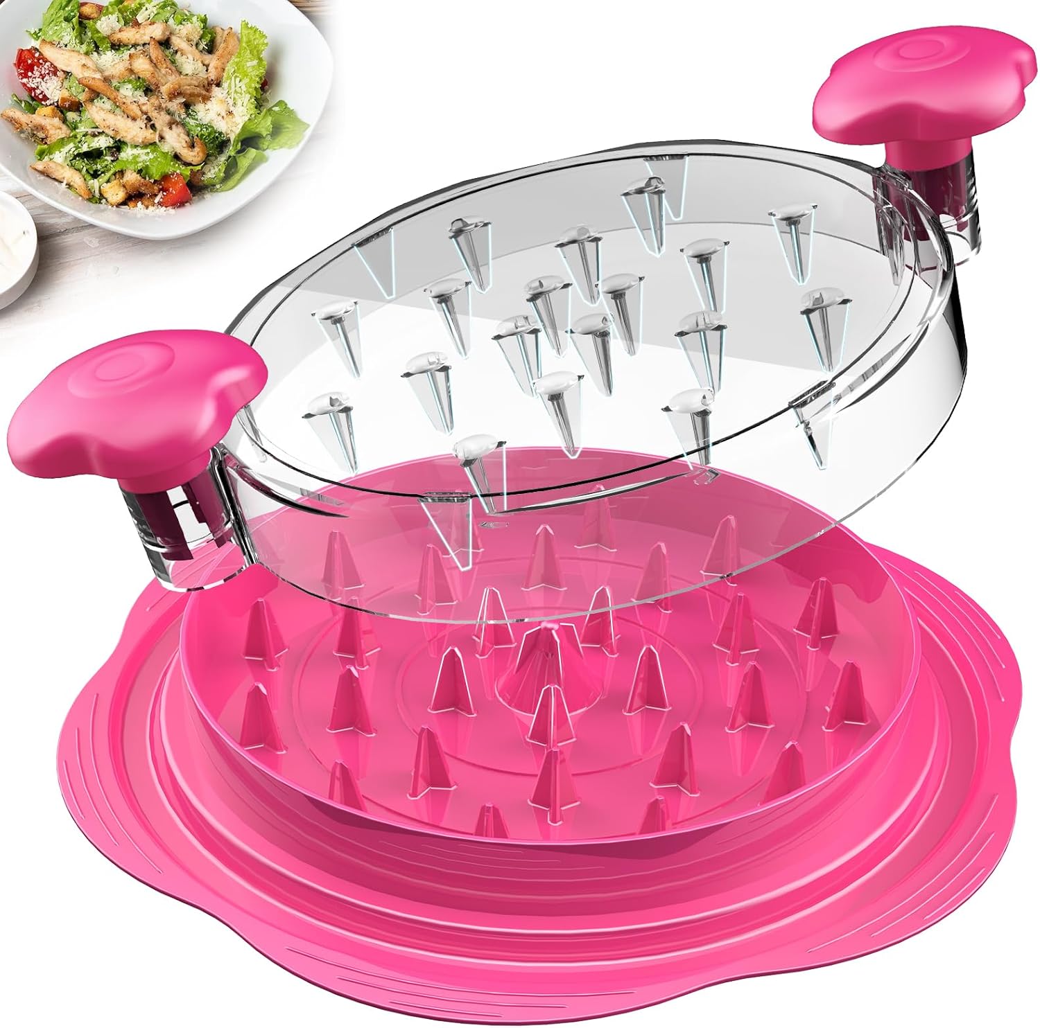 SURETIVIAN Chicken Breast Chopper with Brush and Fork; Visible Meat Chopper, Non-Slip Strip, Ergonomic Handle, BPA Free, Pork, Beef, Chicken (Hot Pink)