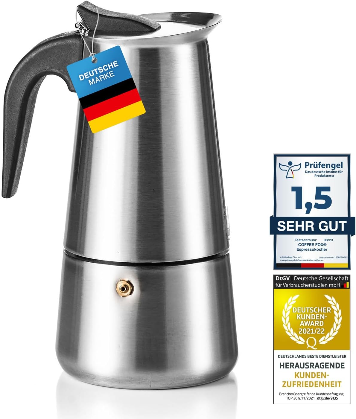 Coffee Fox Stainless Steel Espresso Maker - Coffee Maker, Espresso Pot for 2, 4, 6, 9 Cups