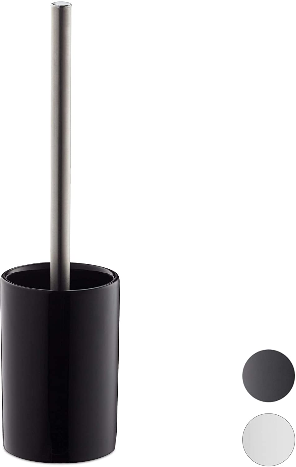 Relaxdays 1 x ceramic toilet brush holder with toilet brush, replaceable brush head, round, free-standing, 36 cm, black.