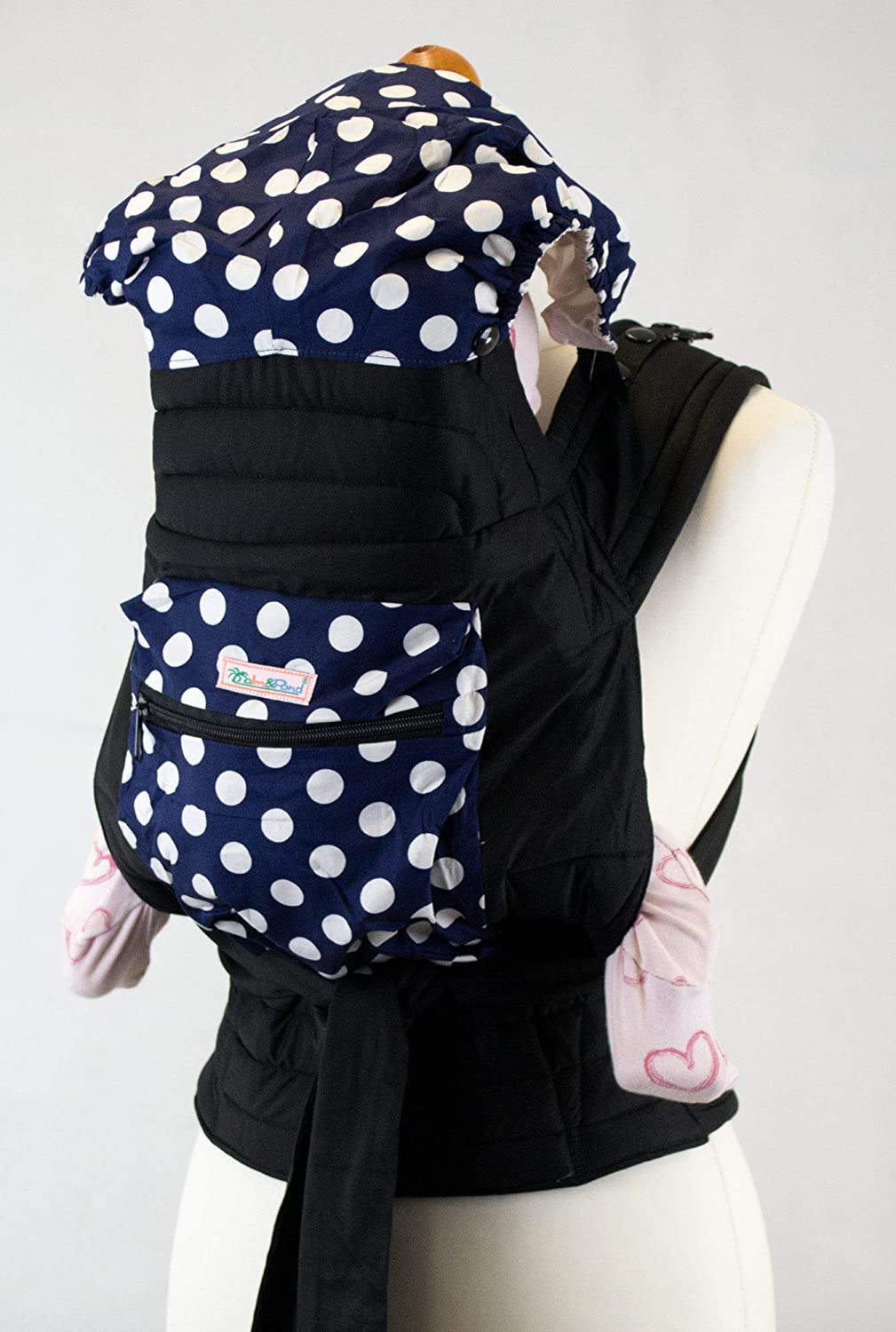 Palm and Pond Mei Tai Baby Carrier with Hood and Pocket – Blue/White Polka Dots