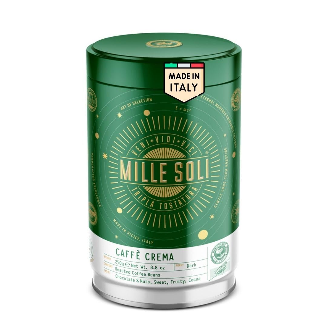 MilleSoli Caffè Crema 250 g in High-Quality Coffee Tin - Roasted in Sicily - Century-Old Roasting Process Handmade - Premium Coffee Beans for Fully Automatic and Portafilter