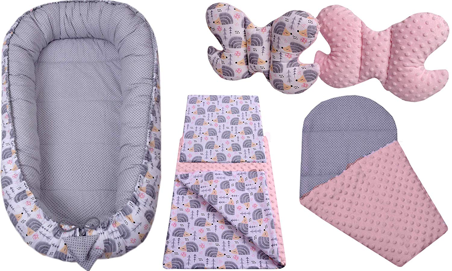 Medi Partners 5-Piece Baby Nest Set, 90 x 50 cm, Removable Insert Bed, Cuddly Nest, Crawling Blanket for Babies, Newborns, 100% Cotton (Grey Hedgehog with Light Pink Minky)