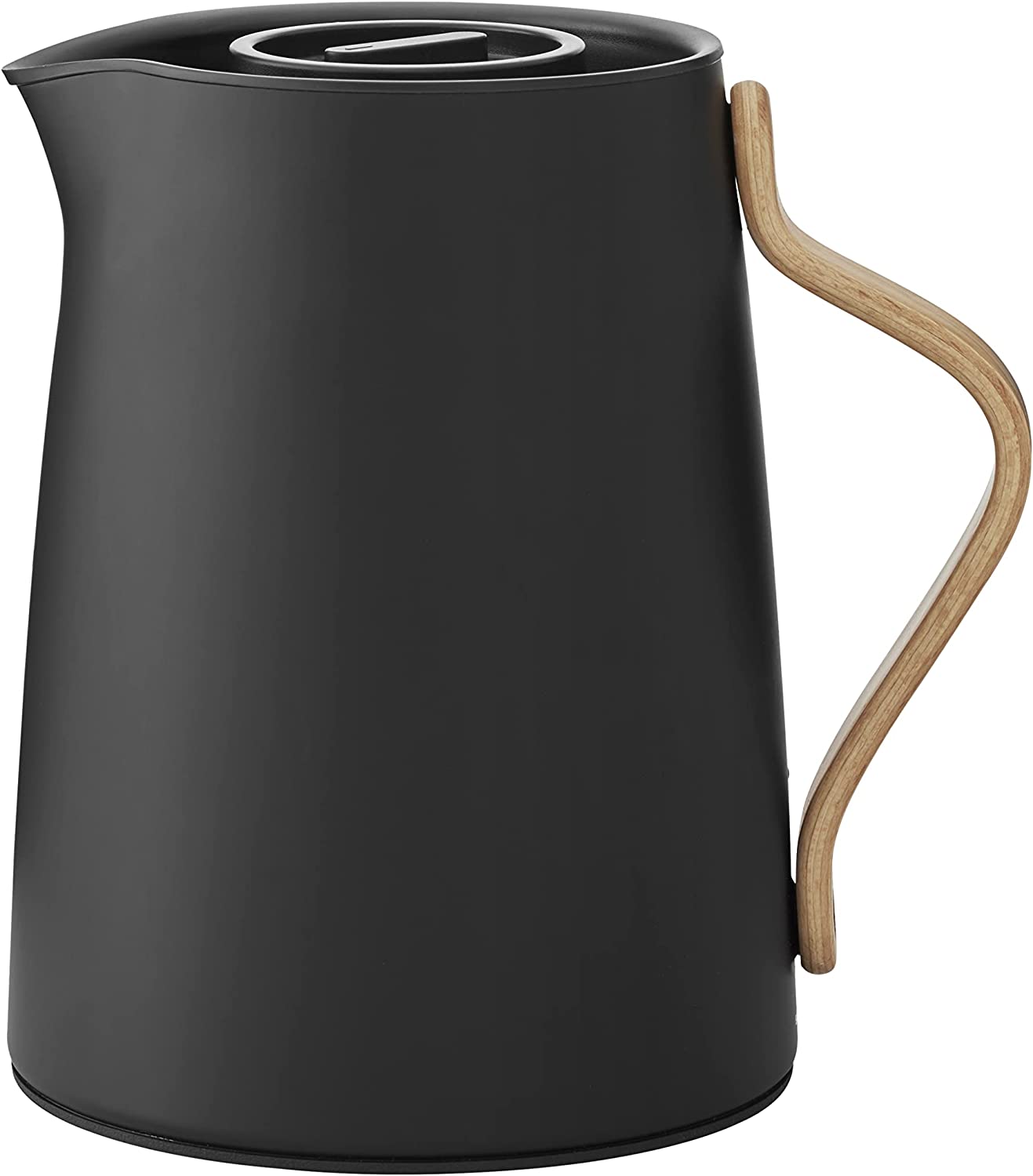 Stelton Emma Tea Insulated Jug - Insulated Plastic Teapot with Lid & Stainless Steel Thermal Insert - Modern Design, Clever, Integrated Infusion Filter & Beech Wood Handle - 1 Litre, Matt Black
