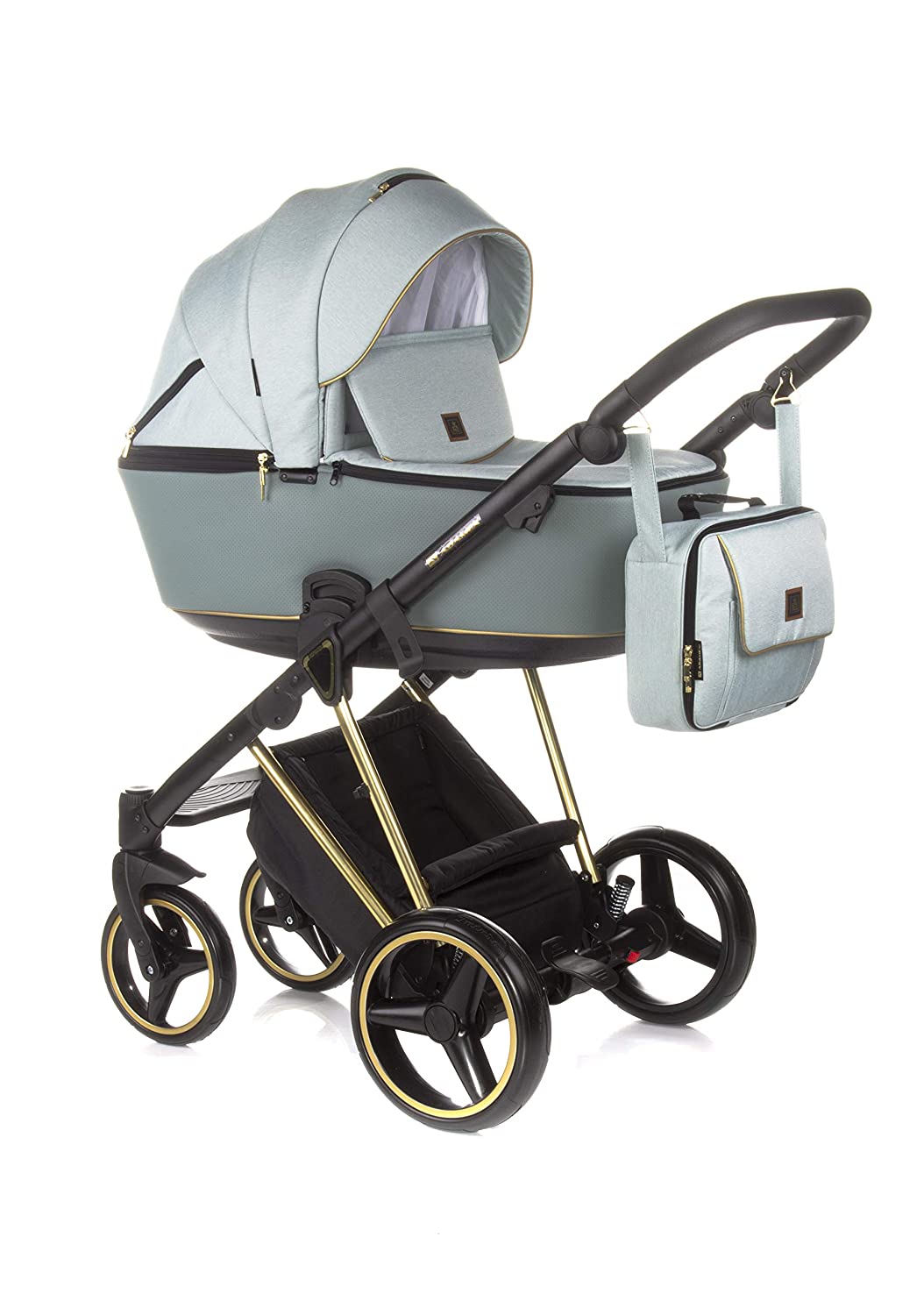 Adamex Cristiano Special Pushchair Combination Pram Complete Set + Wail Bag with Changing Mattress + Film + Mosquito Net + Cup Holder and Winter Muffs (CR-450 Turquoise Gold, 3-in-1)
