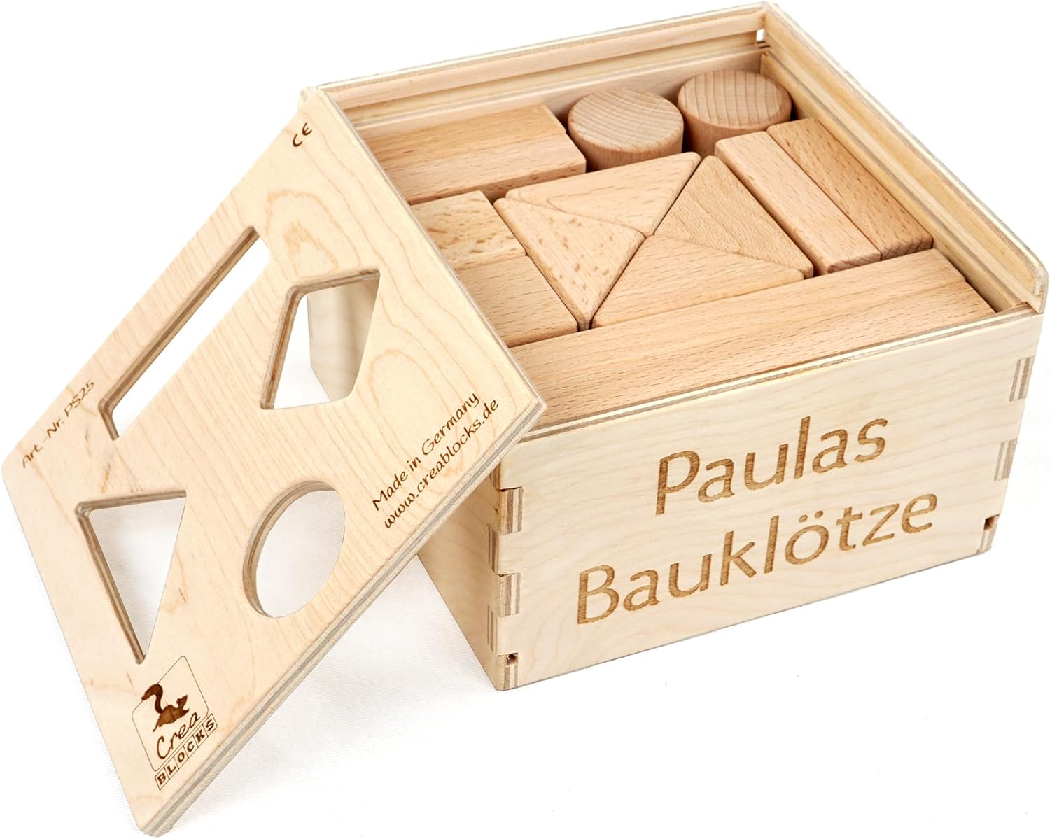 CreaBLOCKS Wooden Building Blocks 2-in-1 Socket Box and Baby Building Blocks Set 24 Untreated Blocks for Toddlers from 6 Months (with Individ. Laser Labelling) Made in Germany