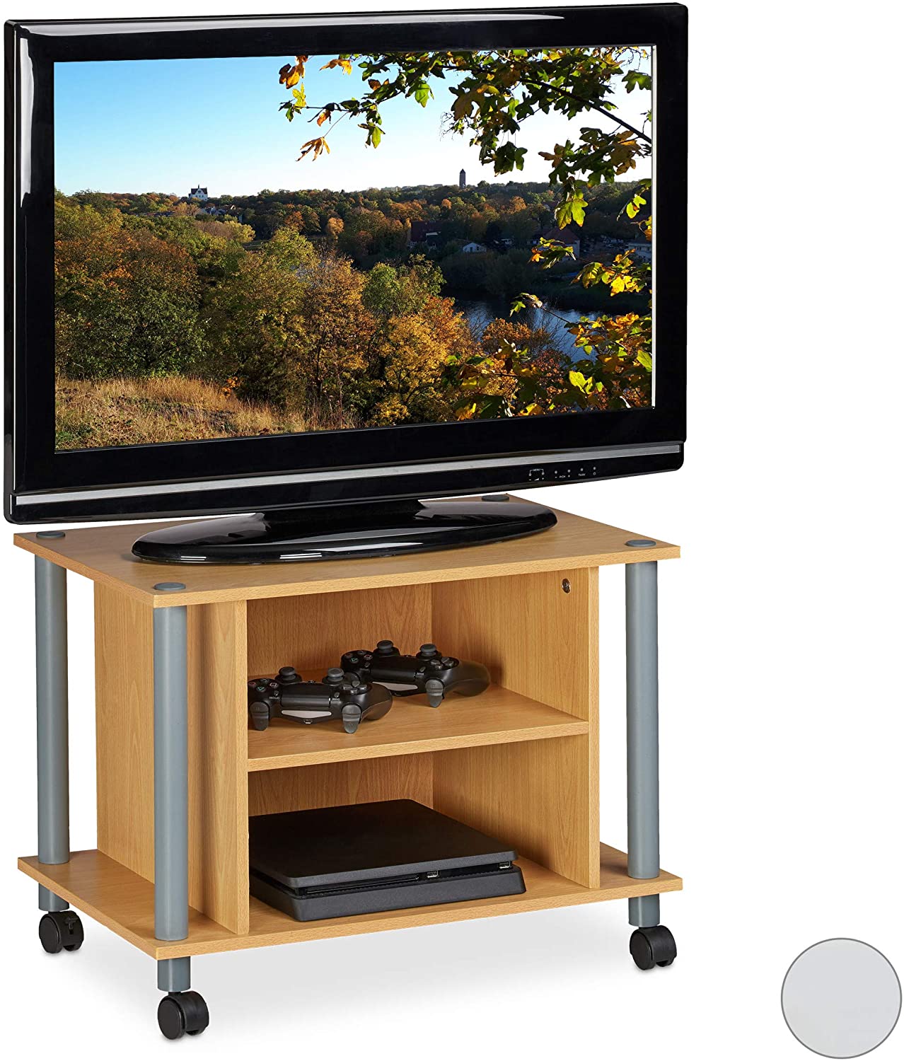 Relaxdays Tv Table With Wheels, 2 Compartments, Tv Shelf, Mobile Tv Rack, H
