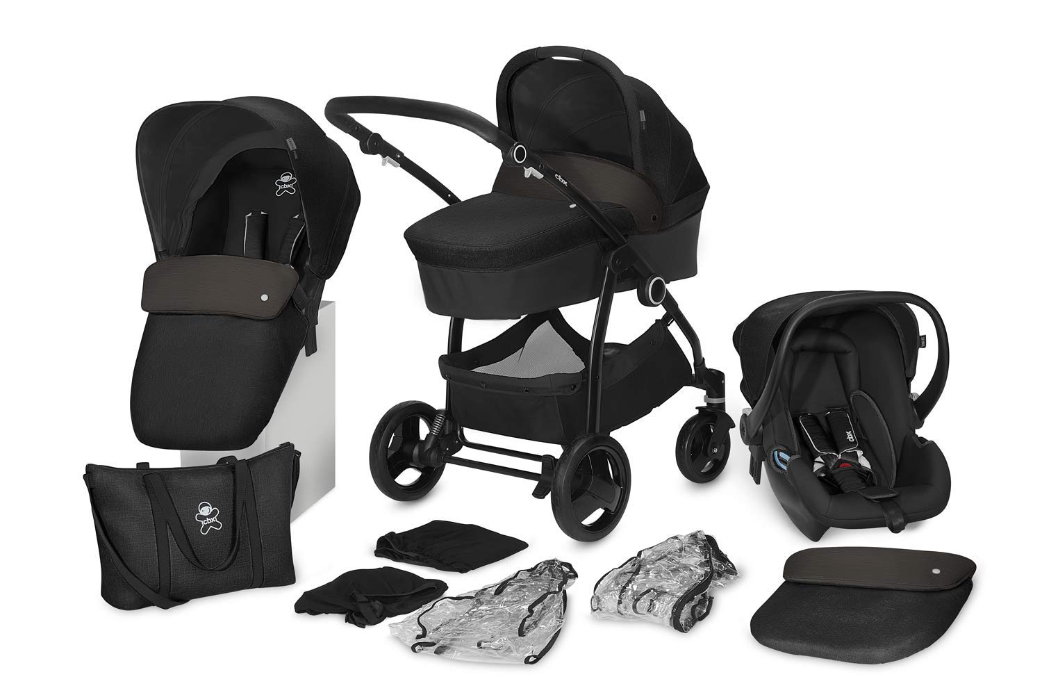 cbx 3-in-1 Leotie Pure 12-Piece Combi Pushchair Set with Shima Baby Seat, Reversible Seat Unit, Folding Baby Cot, 2x Rain Covers, 2x Mosquito Nets, Changing Bag, from Birth to 15 kg, Anthracite