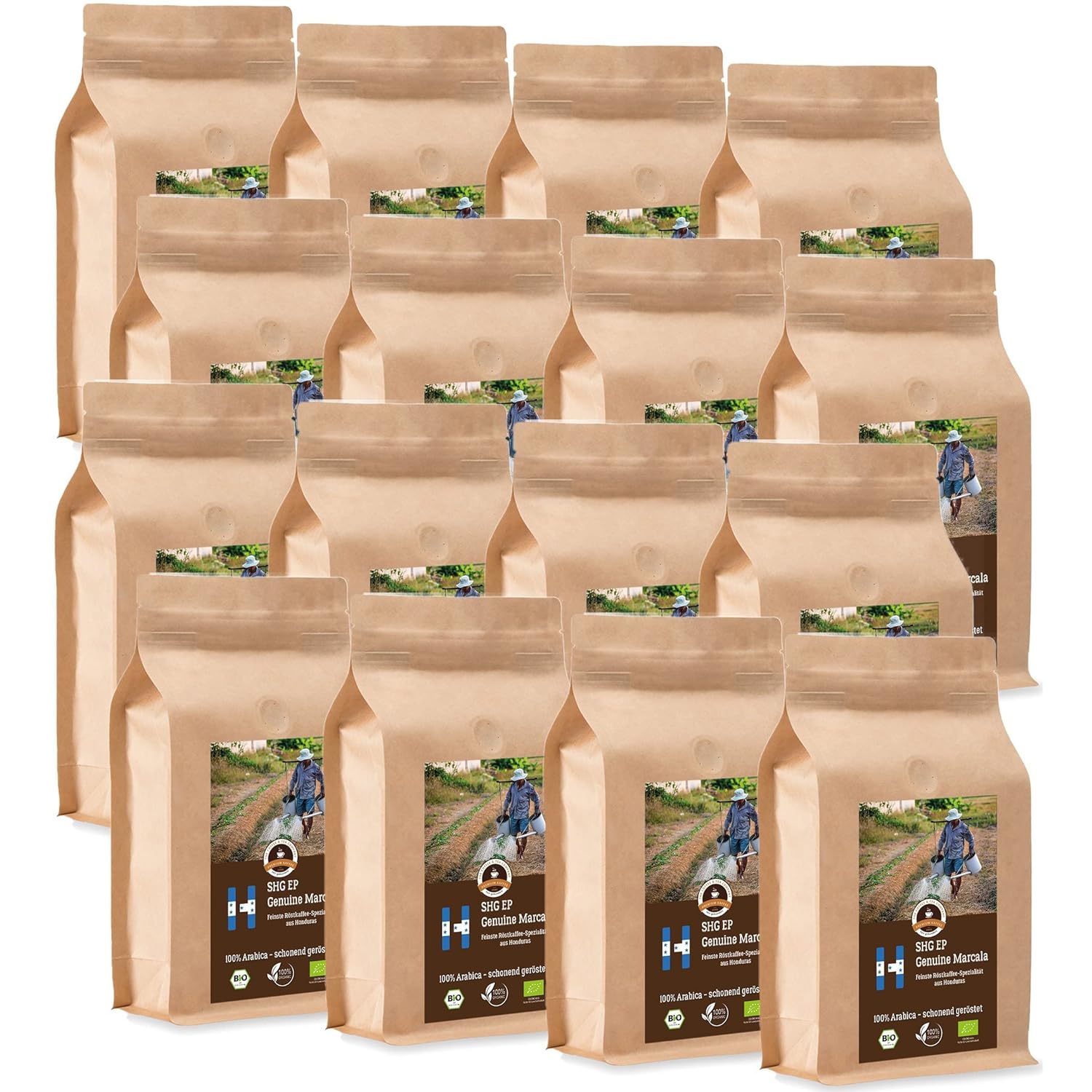 Coffee Globetrotter - Organic Honduras Genuine Marcala - 16 x 1000 g Whole Bean - for Fully Automatic Coffee Machine, Coffee Grinder - Roasted Coffee from Organic Cultivation | Gastropack Economy Pack