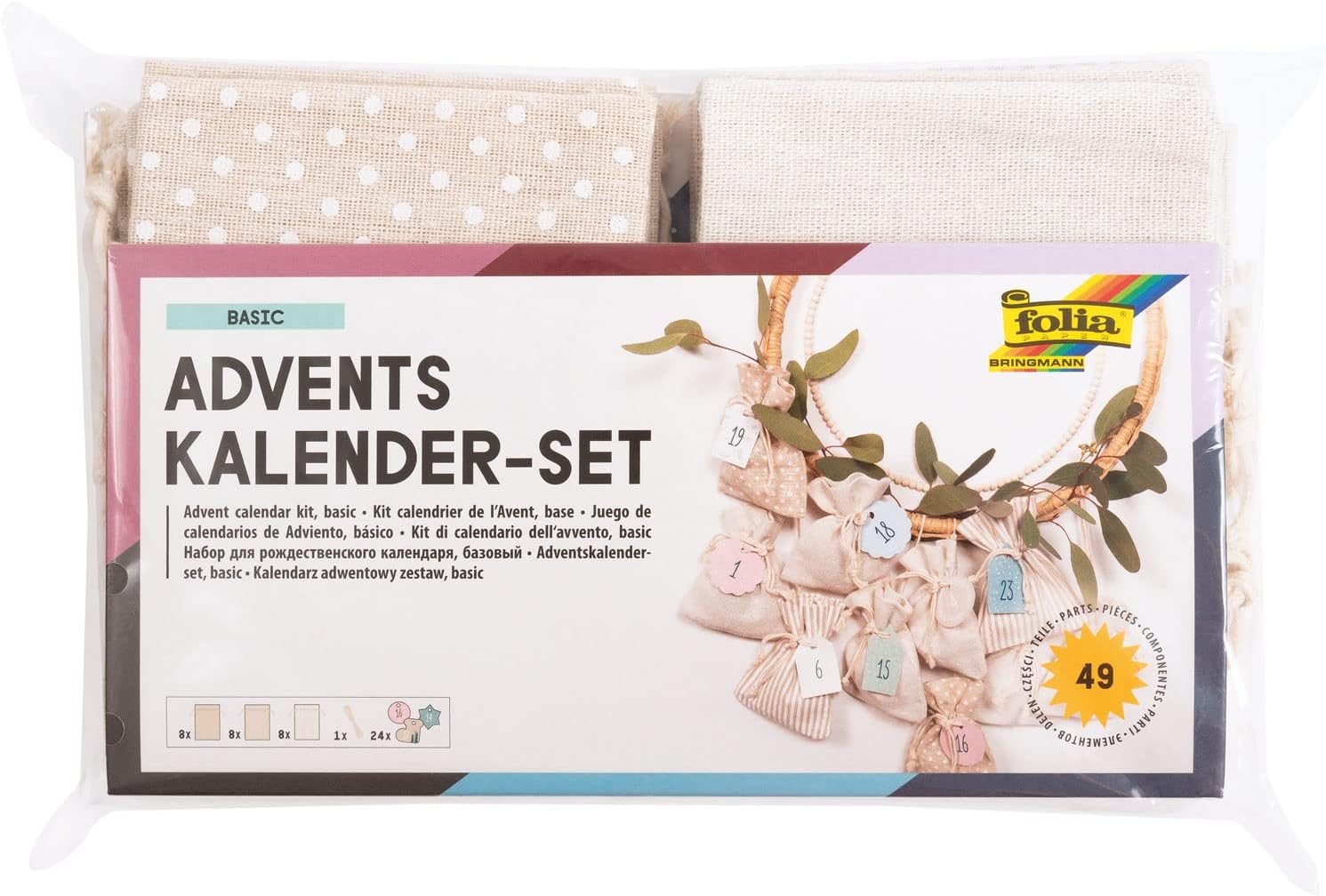 folia 64121 Advent Calendar Set, Basic with Motif Print, Approx. 10 x 13 cm, 24 Natural-Coloured Fabric Bags, Made of Cotton and Polyester, Includes Pendant and Yarn