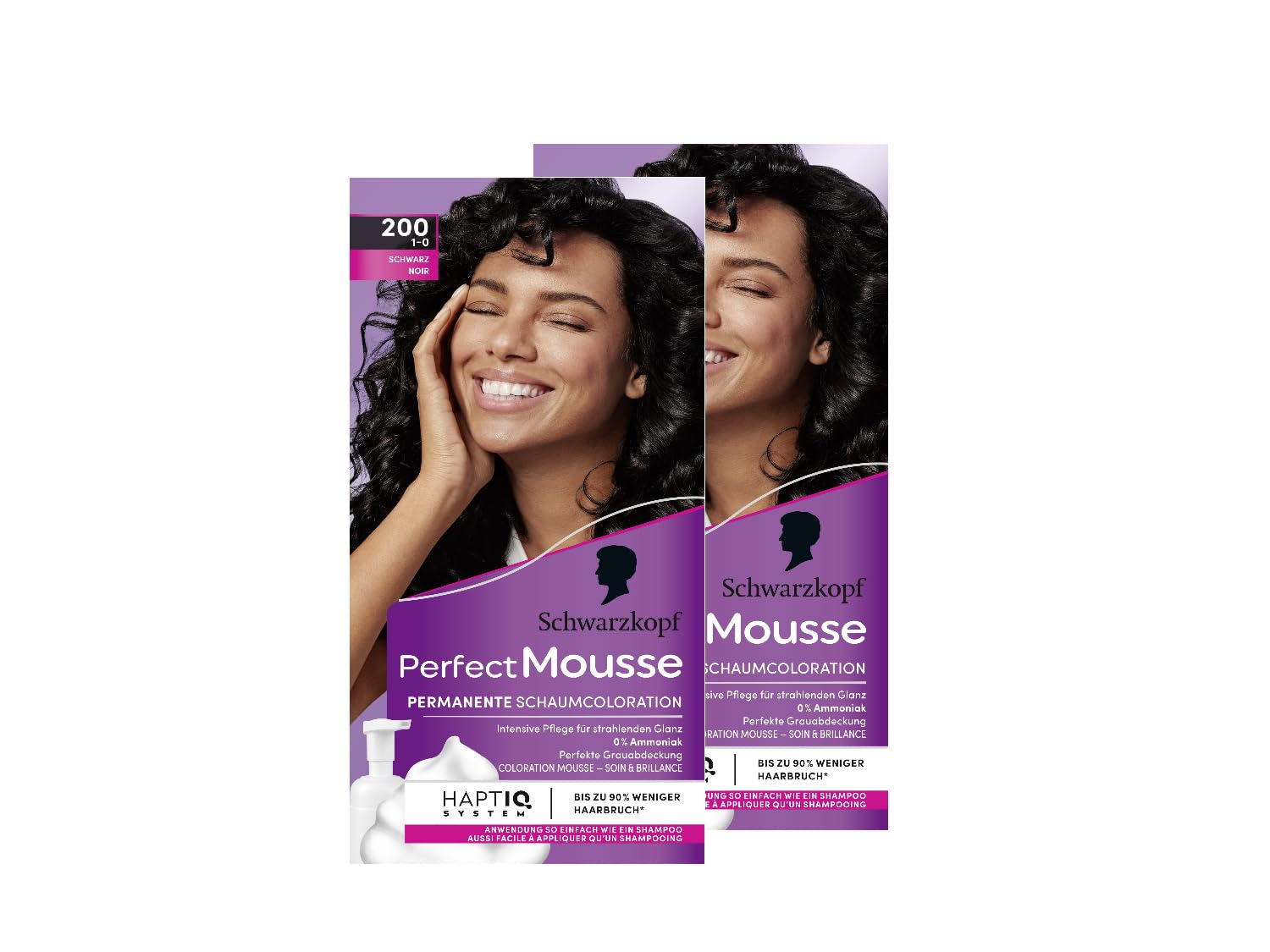 Schwarzkopf Perfect Mousse Permanent Foam Colouration 200/1-0 Black (2 x 93 ml), Hair Color with Perfect Gray Coverage, Colouration for Intensive Care and Radiant Shine