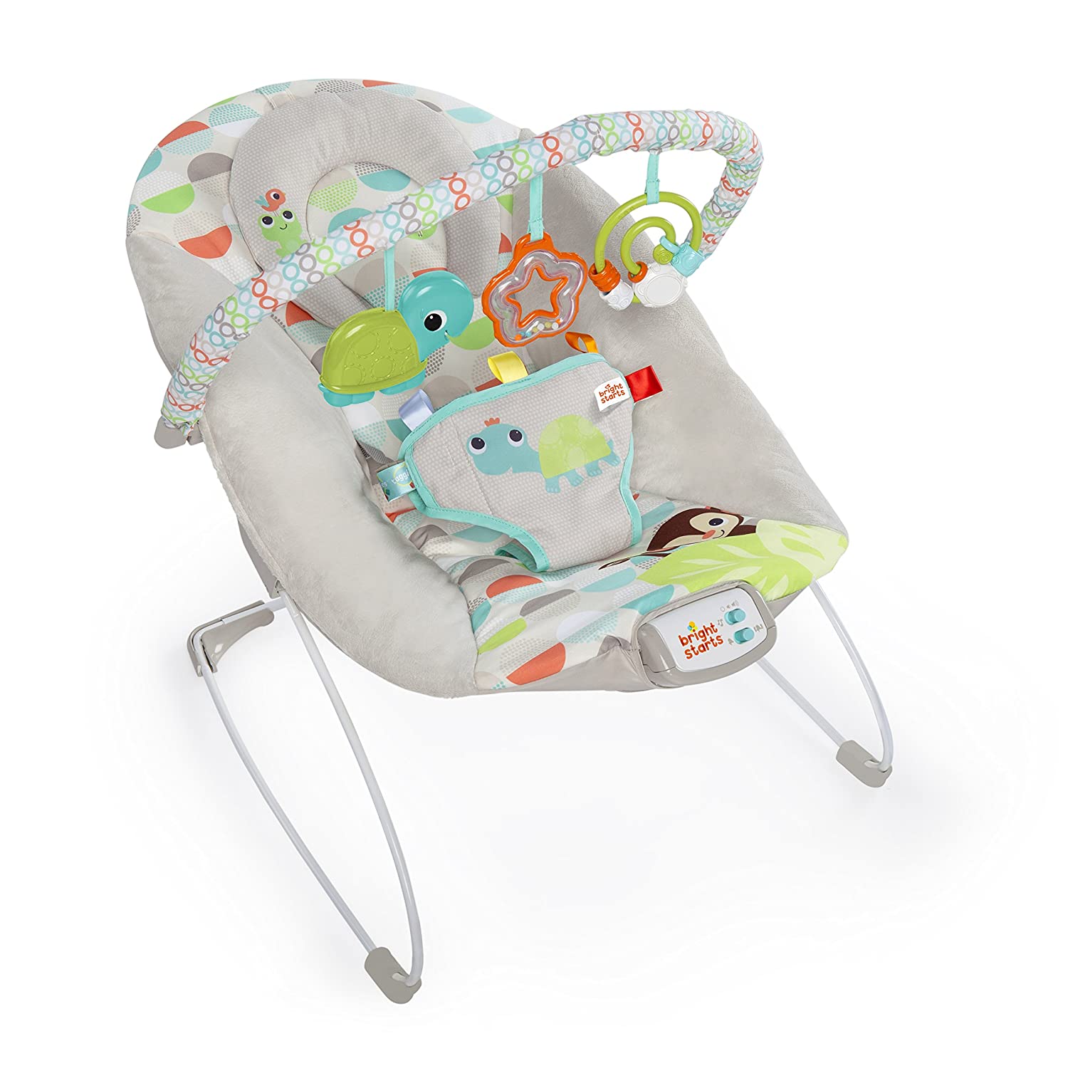 Bright Starts, Happy Safari Baby Rocker with Soothing Vibrations and 7 Melodies, Removable Headrest and Play Arch with 3 Toys, Volume Control, from Birth to 9 kg