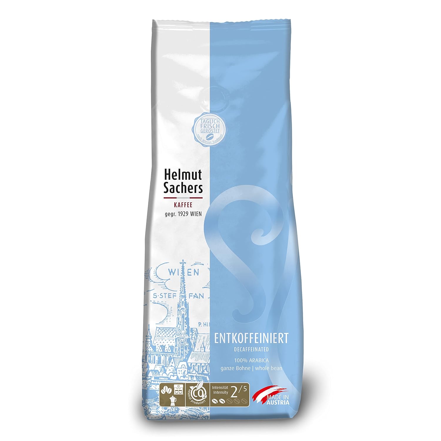 Helmut Sachers Coffee - Decaffeinated, Intensity 2/5, 100% Arabica, Whole Coffee Beans, 500g