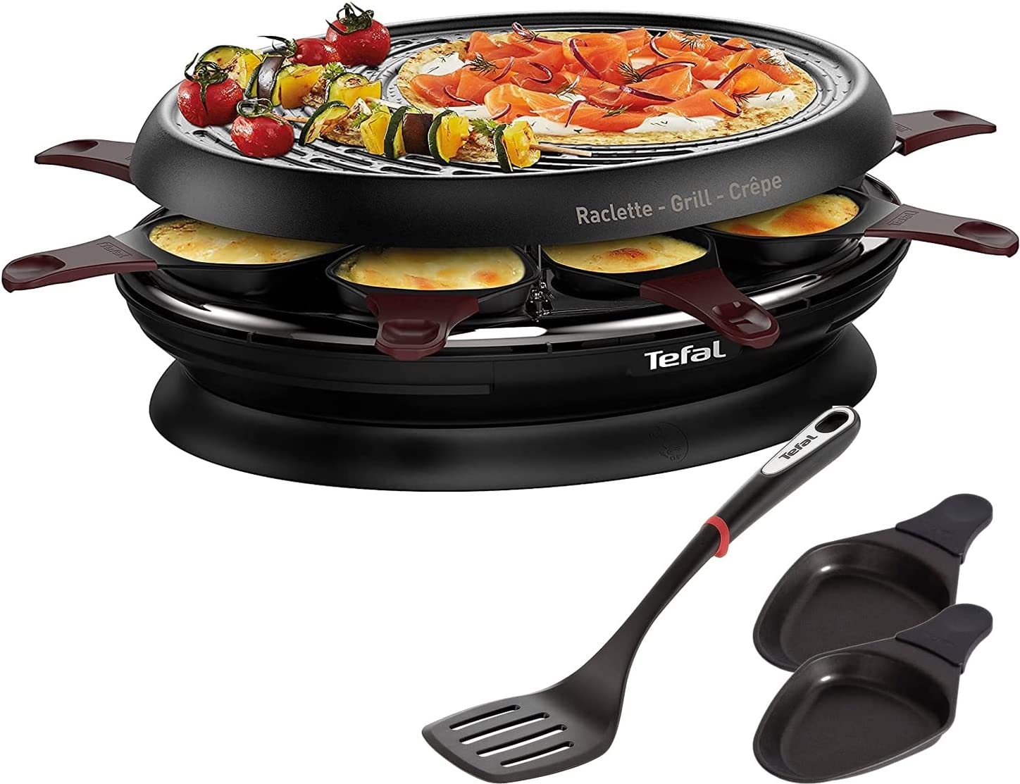 Tefal Electric Raclette, Grill and Crepes Maker 3-in-1 1050 W + Ingenio Spatula, 8 Pans, Stowable in the Device, up to 8 People, Non-Stick Coating, Dishwasher Safe Thermo Spot