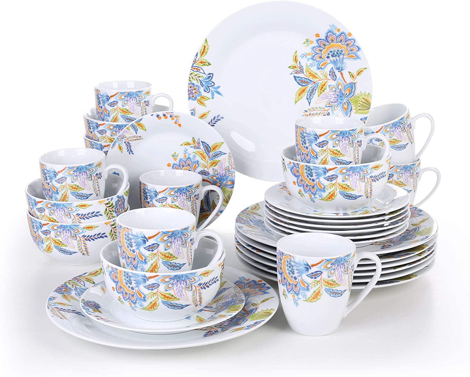 Veweet 32-piece Porcelain Dinner Set, 16-piece Crockery Set includes 10.75 inch (27 cm) Dinner Plate, 7.5 inch (19 cm) Dessert Plate, 5.5 inch (14 cm) Bowl and 380 ml Coffee Mug, Complete Service for 4/8 People