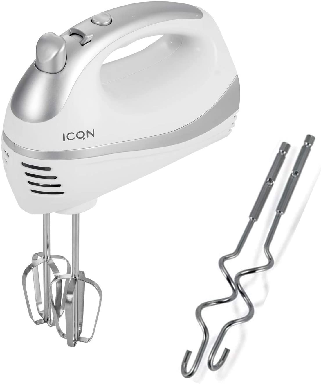 ICQN Hand Mixer, High Motor Power, 700 Watts, 5 Speed Levels with Turbo Function, 2 Whisks and 2 Dough Hooks made of Stainless Steel, Electric Hand Mixer Set, Black/Grey