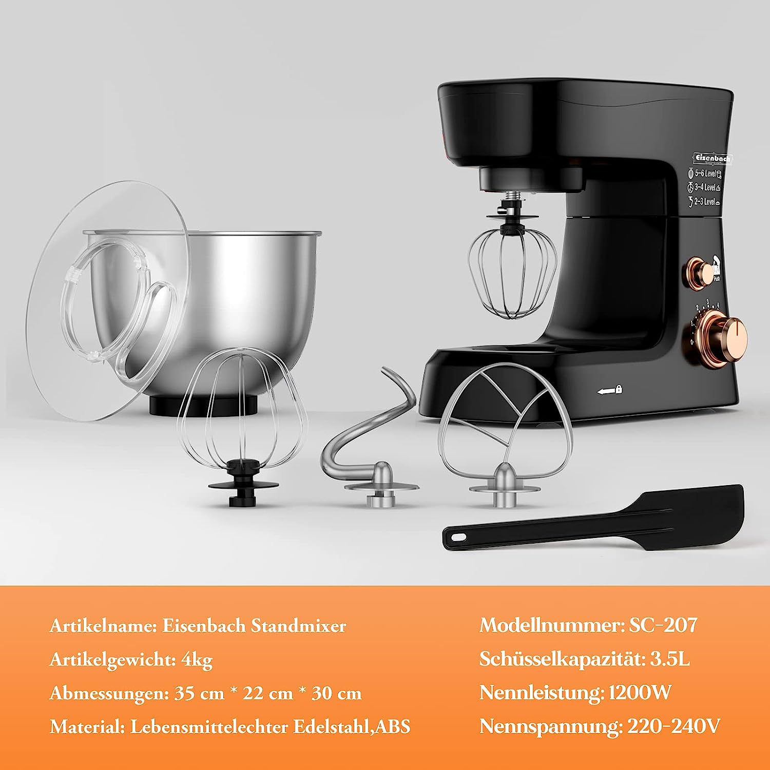 Eisenbach Professional Food Processor 1200 W Kneading Machine, 3.5 L Food Processor, Dough Machine, 6 Speeds, 8 Other Accessories Included, Dough Hook, Flat Stirrer, Whisk 207 Black