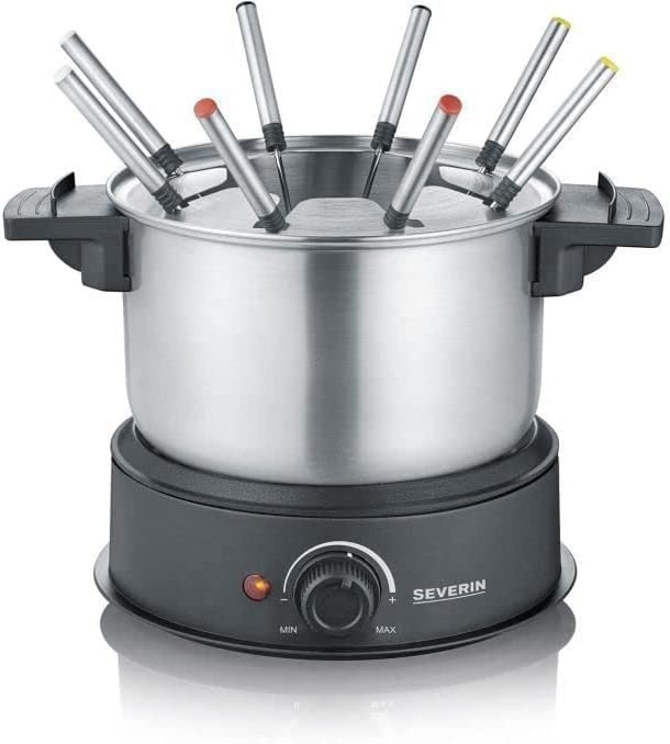 Severin FO2473 8 Person Electric Fondue with Removable Pan Lid - Stainless Steel - Includes Splash Guard and 8 Forks