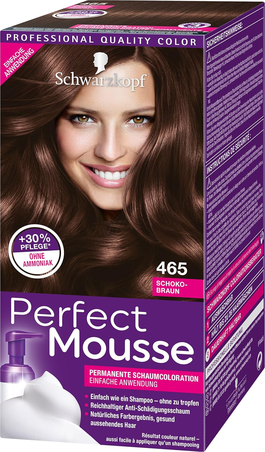Schwarzkopf Perfect Mousse Permanent Foam Color 465 Chocolate Brown Level 3 Pack of 3 x 93 ml