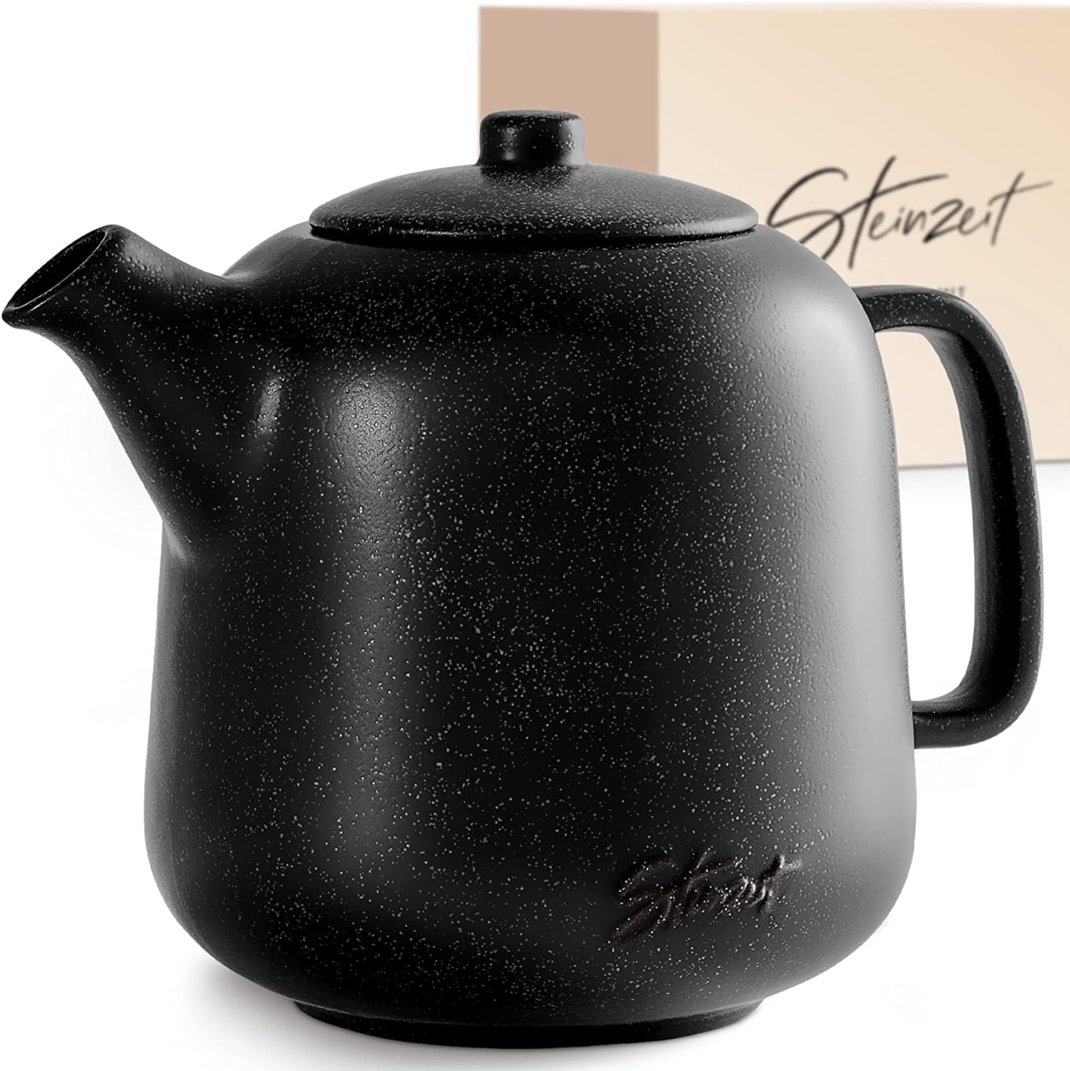 Steinzeit Designer Teapot (1.3 L) - Teapot with Strainer Insert Made of 304 Stainless Steel - Ceramic Teapot with Unique Glaze - Removable Teapot with Strainer - Teapot Black