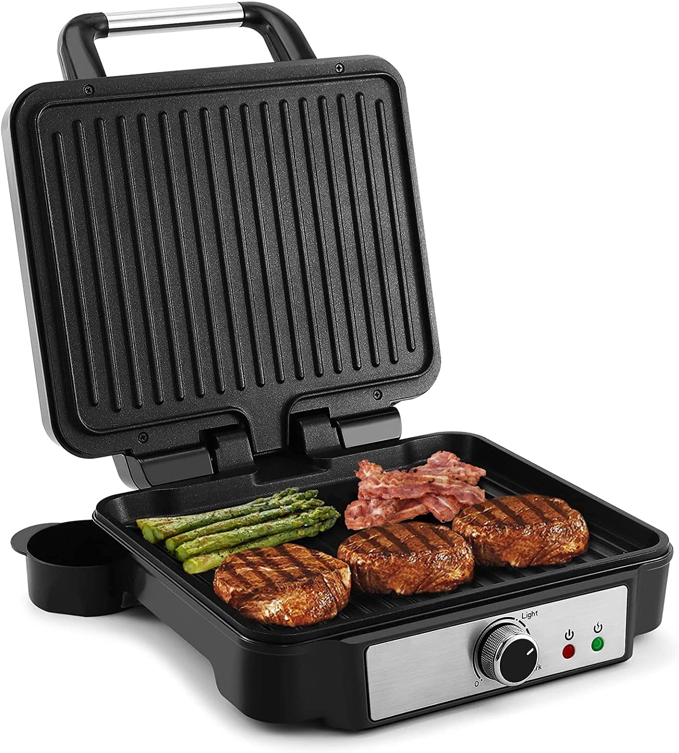 Tiastar Monxook Contact Grill, 180 Degree Opening, 3-in-1 Non-Stick Panini Electric Grill, Contact Sandwich Grill, 1800 W Sandwich Toaster with Removable Drip Tray, Adjustable Temperature, Stainless Steel