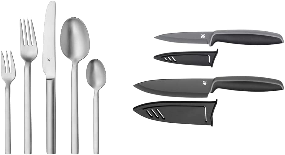 WMF Alteo Cutlery Set for 12 People, Cutlery 60 Pieces & Touch Knife Set 2 Pieces, Kitchen Knife with Protective Cover, Special Blade Steel, Non-Stick Coating, Sharp, Chef\'s Knife, Vegetable Knife, Black
