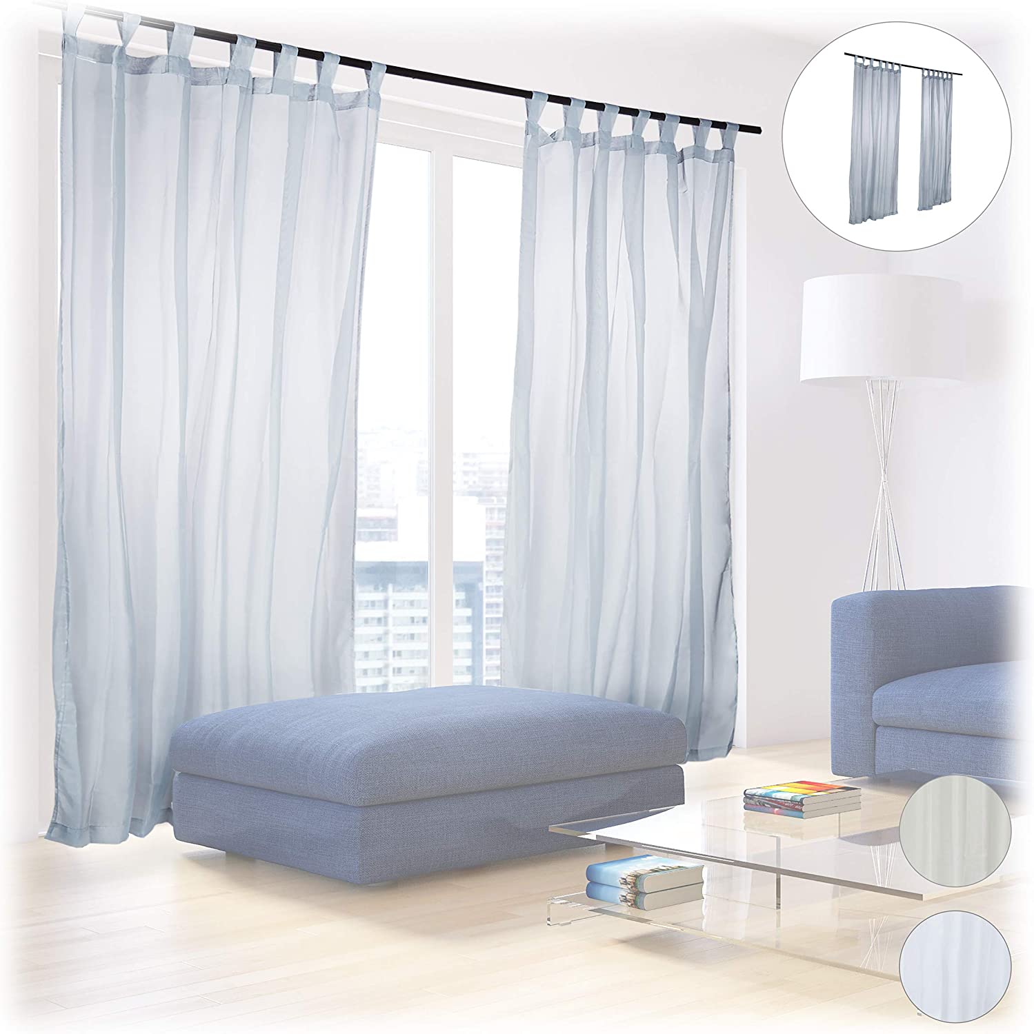 Relaxdays 4 x Curtains with Loops, Voile Semi Transparent Curtains, Plain Colour, Pleated Curtains, Polyester, HB 245 x 140 cm, Silver