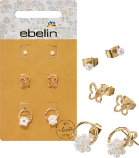 ebelin stud earrings butterflies & pearls, gold look, 6 pcs