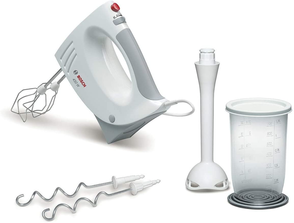 Bosch Hausgerate Bosch MFQ3540 Hand Stirrer 2 Whisks 2 Stainless Steel Dough Hooks Dishwasher Safe 5 Levels Purée Stick Mixing Cup 450 W White