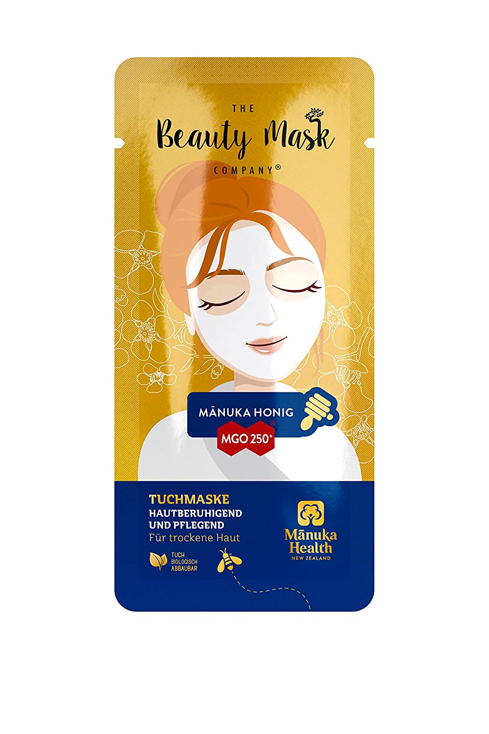 The Beauty Mask Company Mānuka Honey Cloth Mask, 1 Pack, Nourishing Face Mask with Premium Manuka Honey & Aloe Vera, Face Care for Normal and Dry Skin, ‎gold