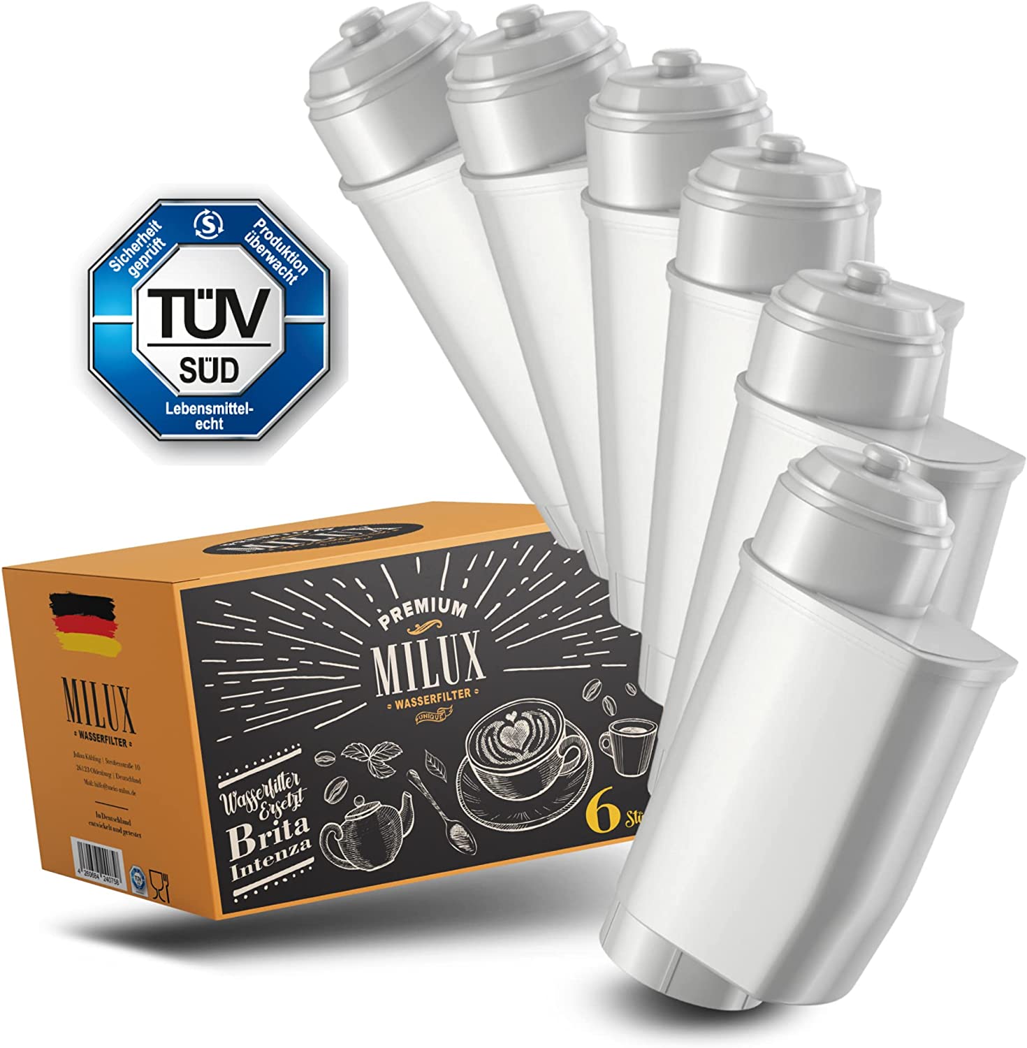 Milux® Water Filter for Brita Intenza | TÜV Certified Coffee Enjoyment | Replaces Siemens TZ70003 / TCZ70033 / TCZ70033A | VAF004 Pack of 6