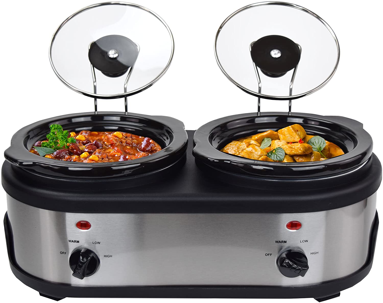 Syntrox Germany 2 x 1.5 Litre Stainless Steel Slow Cooker with Warming Function, Safety Glass and Removable Inner Ceramic Bowl
