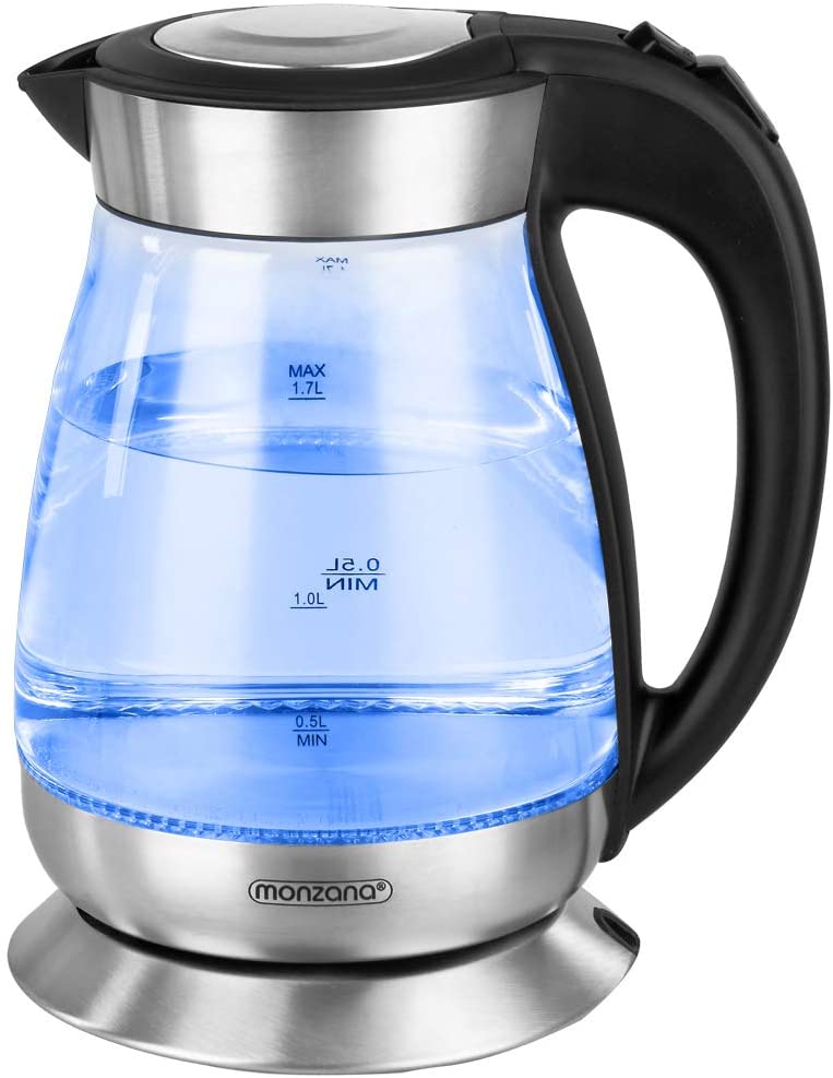 Monzana Kettle 1.7 L Tea Maker LED Glass Stainless Steel 2200 W Overheating Protection Limescale Filter 360 Degree Base BPA Free