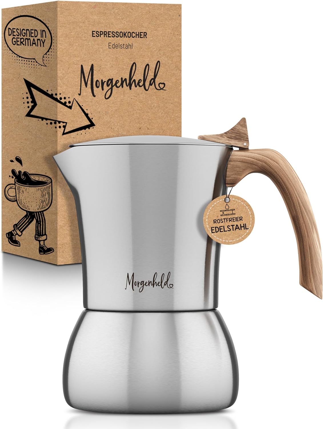 Morgenheld Premium Espresso Maker for 4 Cups [200 ml] Made of Rustproof Stainless Steel - Mocha Pot, Espresso Jug Suitible for All Hob Types - Dishwasher Safe