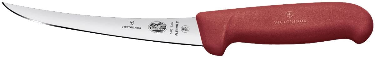 Victorinox Fibrox Boning Knife, 15 cm, Curved / Narrow, Flexible, Non-Slip, Rustproof, Stainless Steel, Red