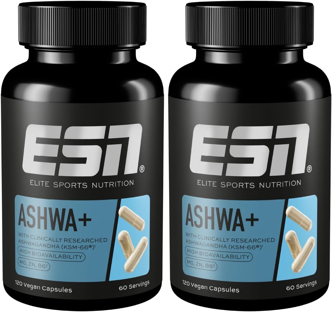 ESN Ashwa +, patented Ashwagandha root extract KSM-66®, 2 x 120 capsules, Indian sleep berry, with magnesium, vitamin B6 & zinc, vegan