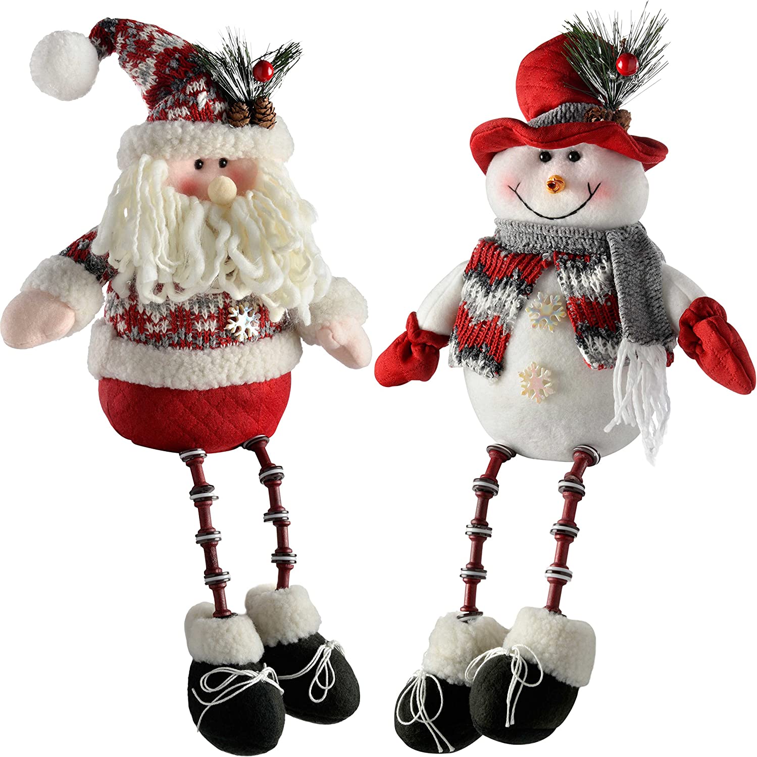 WeRChristmas 41 cm Sitting with Button Legs Santa Snowman Christmas Tree Decorations – Red/Grey, Set of 2