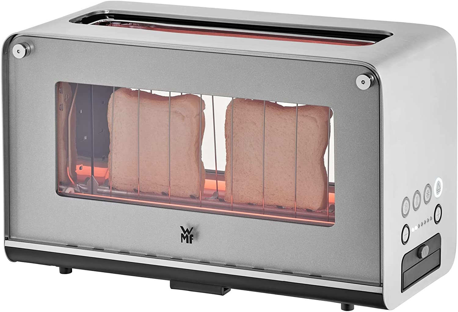 WMF Lono Toaster, Glass With Bread Roll Rack, 2 Slices, XXL, Motorised Toast Holder, Warming Function, 7 Browning Levels, Stainless Steel, Matt.