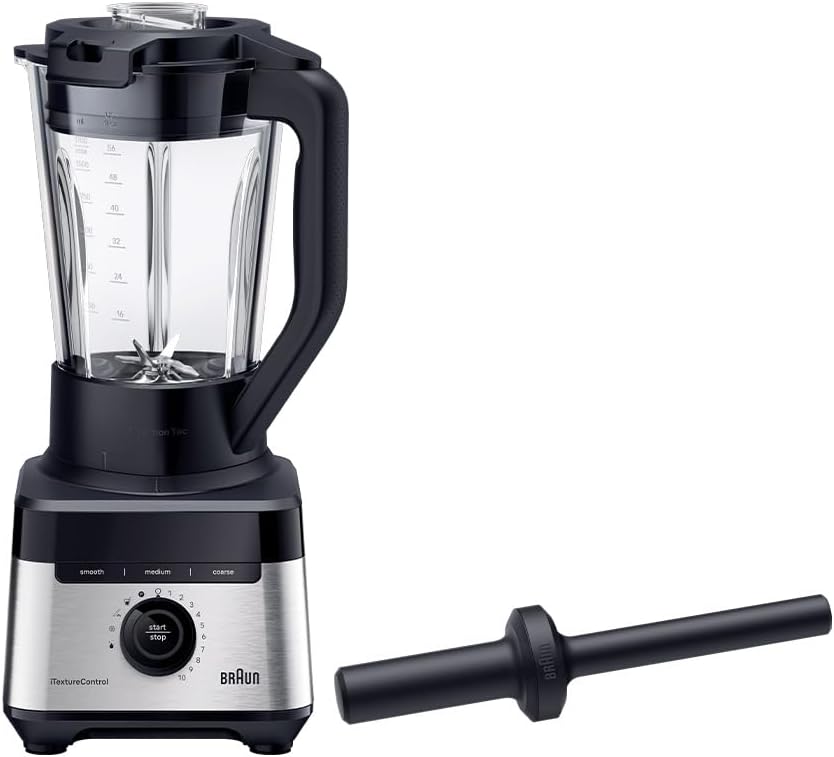 Braun PowerBlend 7 JB7550BK Stand Mixer with Triangular Glass Container, 10 Speeds + Pulse Function, PrecisionCrush Blade, Cleaning Program, Masher & 600 ml Bottle, 1400 W, Black