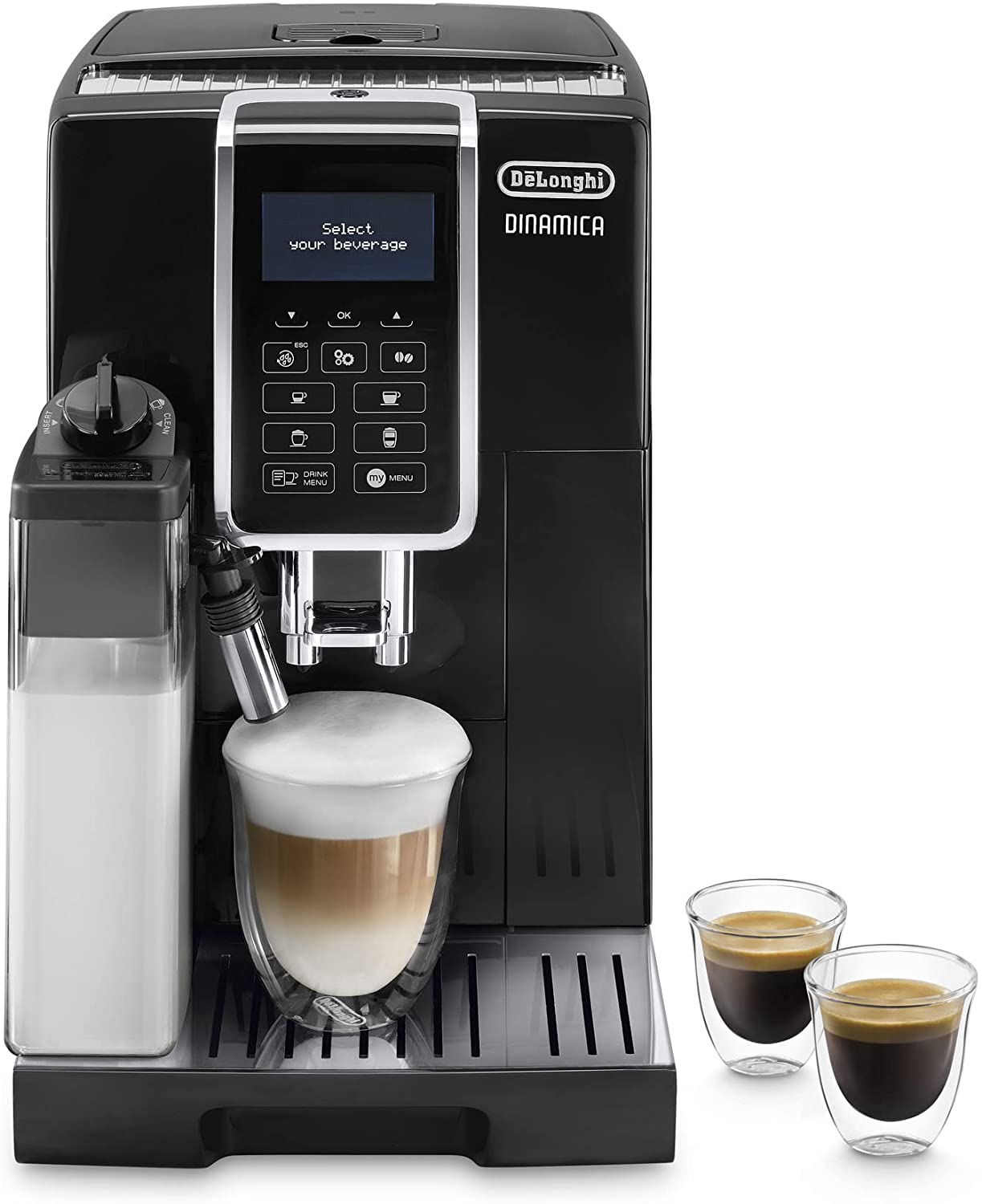 DeLonghi De\'Longhi Dinamica ECAM 350.50.B Fully Automatic Coffee Machine with LatteCrema Milk System for Cappuccino, Espresso and Coffee at the Touch of a Button, 2-Cup Function, Large 1.8 litre Water Tank, Black