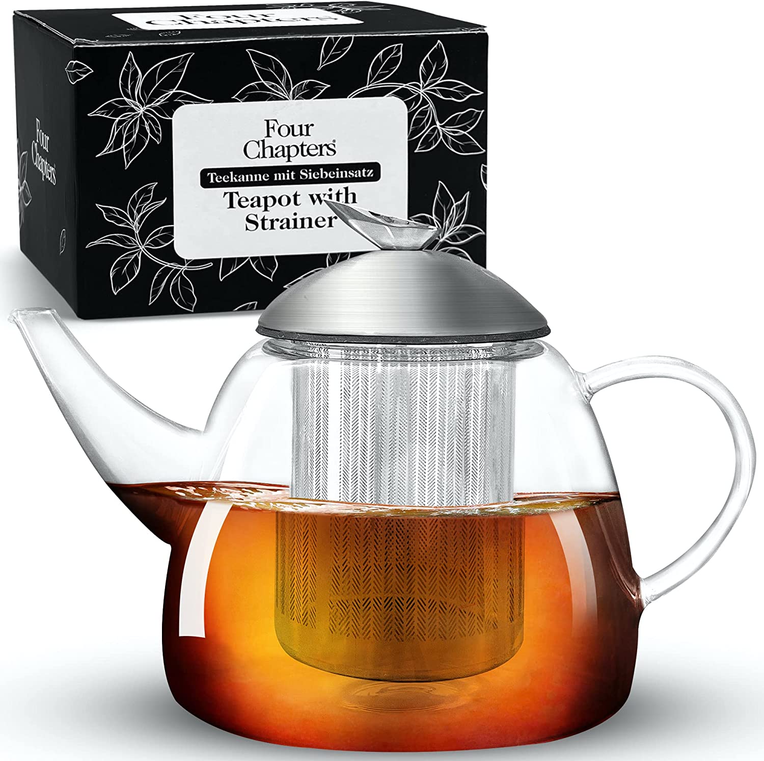 Four Chapters® Premium Teapot with Strainer Insert (1.3 L) - Glass Teapot & Removable Stainless Steel Strainer Insert - 100% Drip-Free - Tea Maker Set with Tea Strainer for Loose Tea - Teapot Glass Thermal