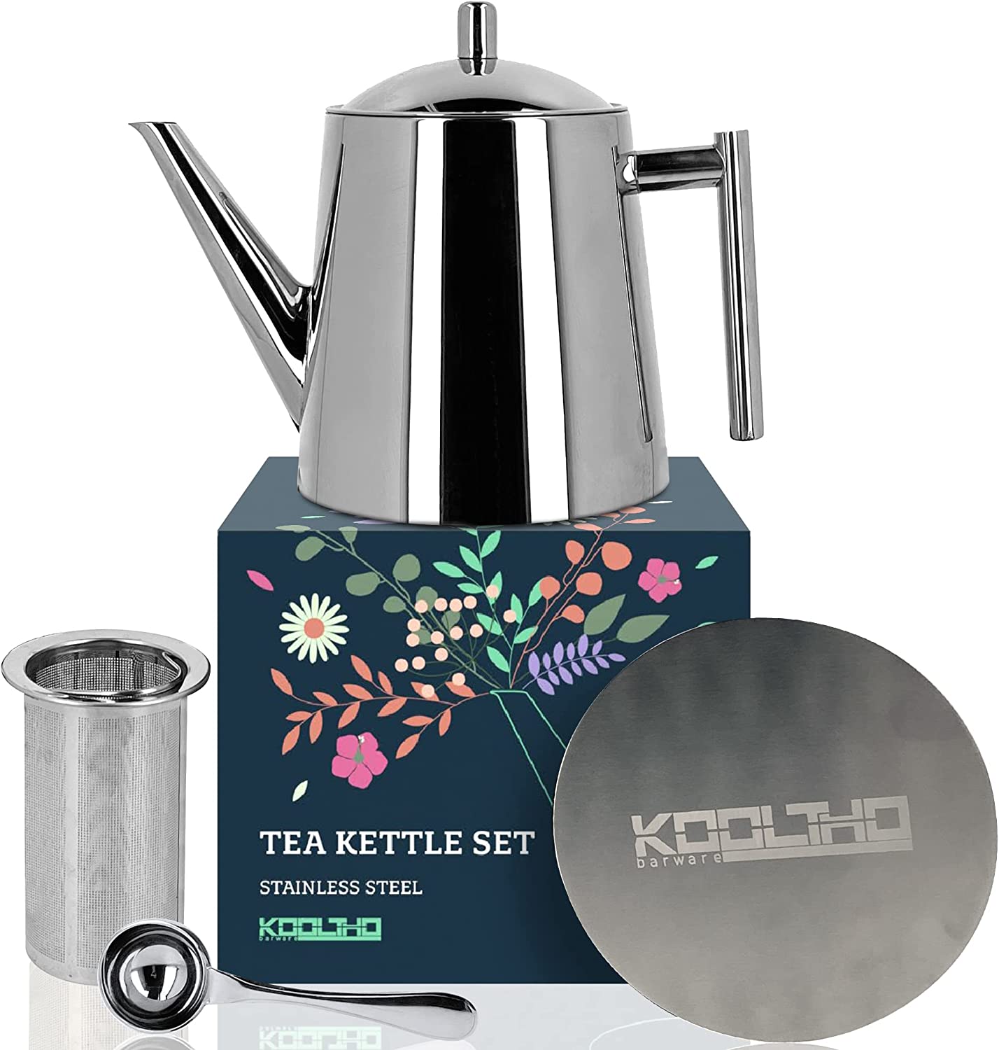 Stainless Steel Teapot with Strainer Insert Set, Large Metal Tea Pot with Strainer Tea Spoon Coaster in Gift Box, Gift for Women Men Tea Lovers, Tea Strainer Tea Box Teapots Tea Pot Box
