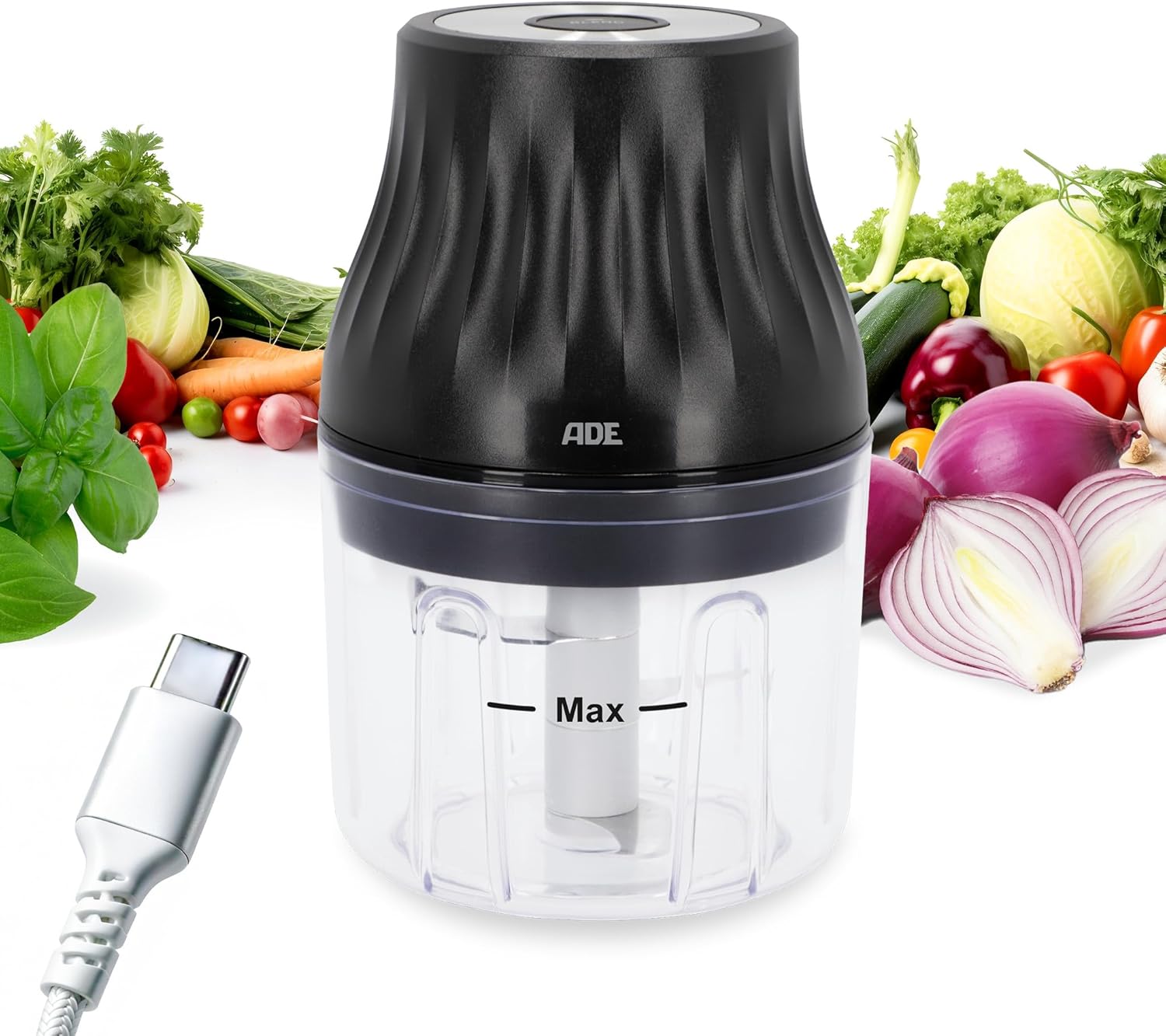 ADE Cordless Chopper Kitchen Electric Onion Cutter with Battery Small Food Processor for Vegetables, Meat, Nuts, Herbs Multi Chopper with USB Cable Ideal for Small Quantities