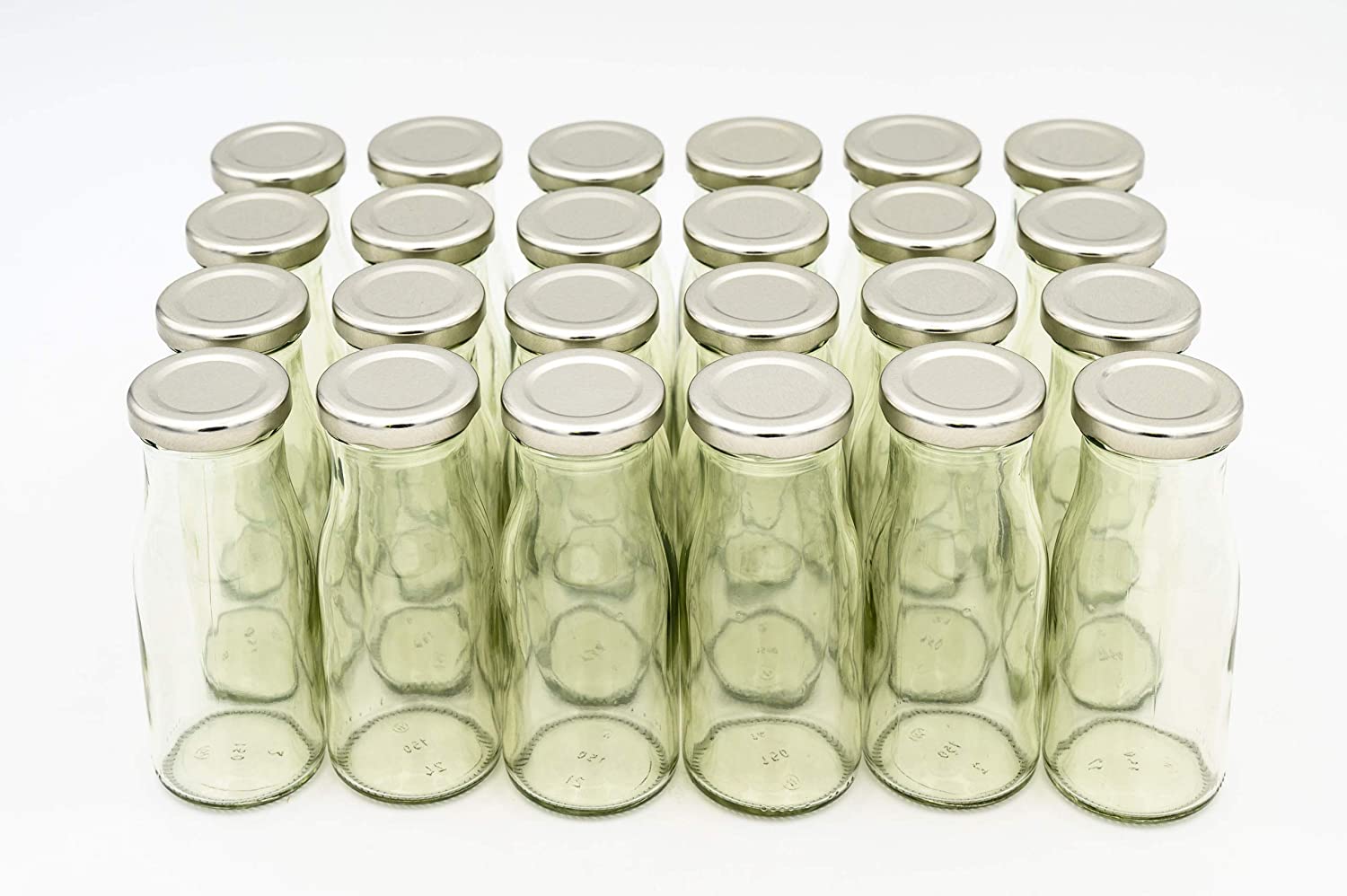 flaschenbauer.de 24 Empty Bottles, Small Glass Bottles 150ml White TO43 with Silver Cap Small bottles for filling milk bottles, juice bottles, schnapps bottles small or can be used as vase decoration