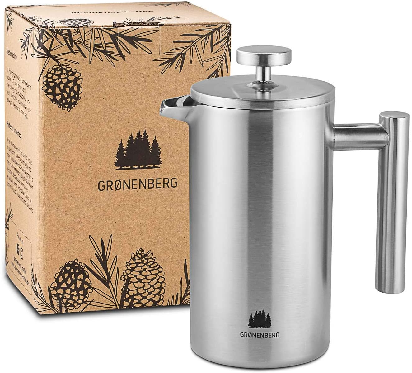 Groenenberg French Press, Stainless Steel, 0.35-1 Litre (2-5 Cups) Coffee Maker, Double-Walled Insulated, Coffee Press Incl. Replacement Filters & Step-by-Step Instructions (English Language Not Guaranteed), Coffee Press, Dishwasher Safe
