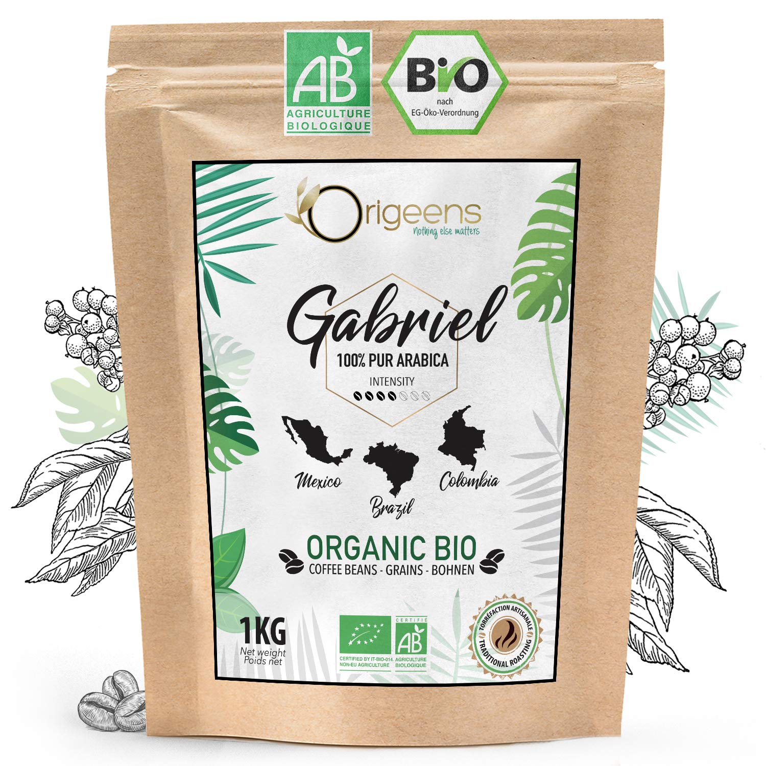 ORIGEENS Organic Coffee Beans 1kg | Organic Arabica Coffee Whole Beans | Low Acid | Traditional Roasting | Gabriel