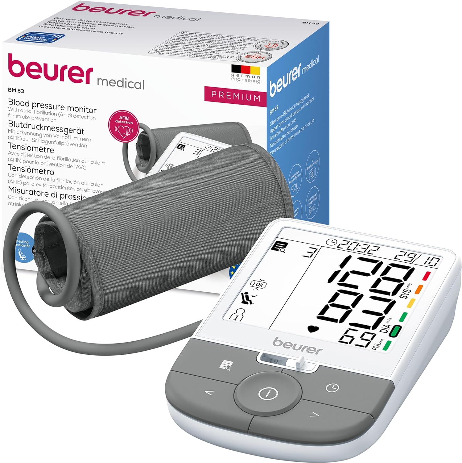 Beurer BM 53 Upper ARM Blood Pressure Monitor Clinically Validated Atrial Fibrillation Detection (AFIB) for Stroke Prevention With Risk Indicator for ARM Circumference 22-42 cm Illuminated XL Display