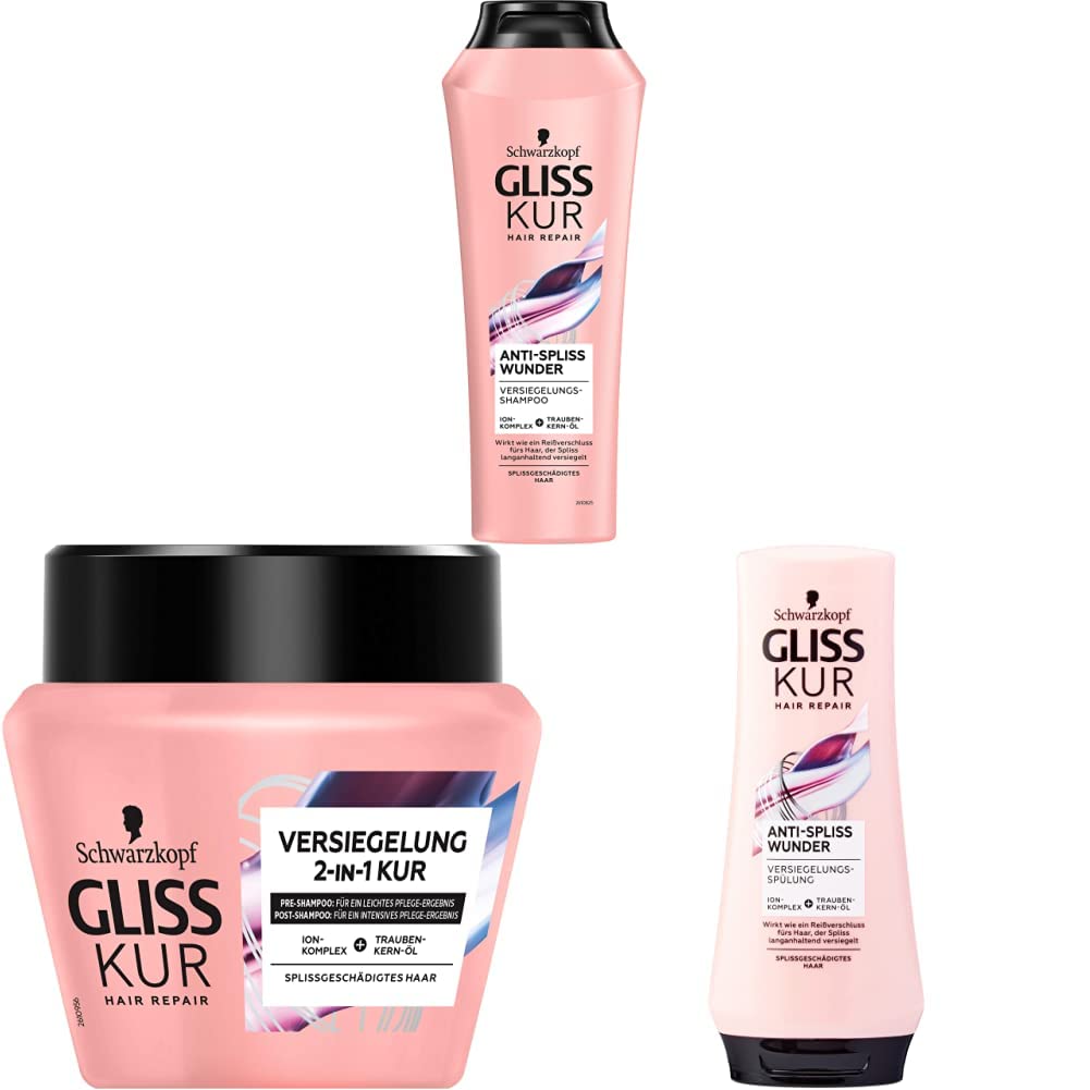 Gliss Kur Anti-Spliss Wunder Shampoo, 250 ml + Gliss Kur Anti-Spliss Wunder Spülung, 200 ml + Gliss Kur Anti-Spliss Wunder 2-in-1 Versiegelungs-Kur, 1er Pack (1 x 300 ml)