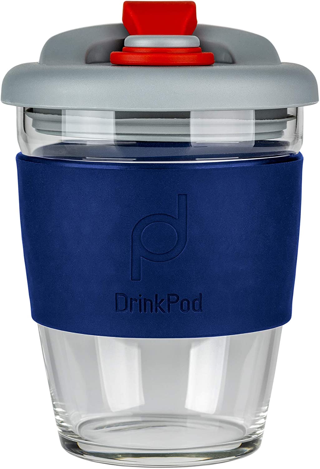 DrinkPod Reusable BPA Free 340ml 12oz Glass Coffee Mug Travel Mug - STORM, GREY