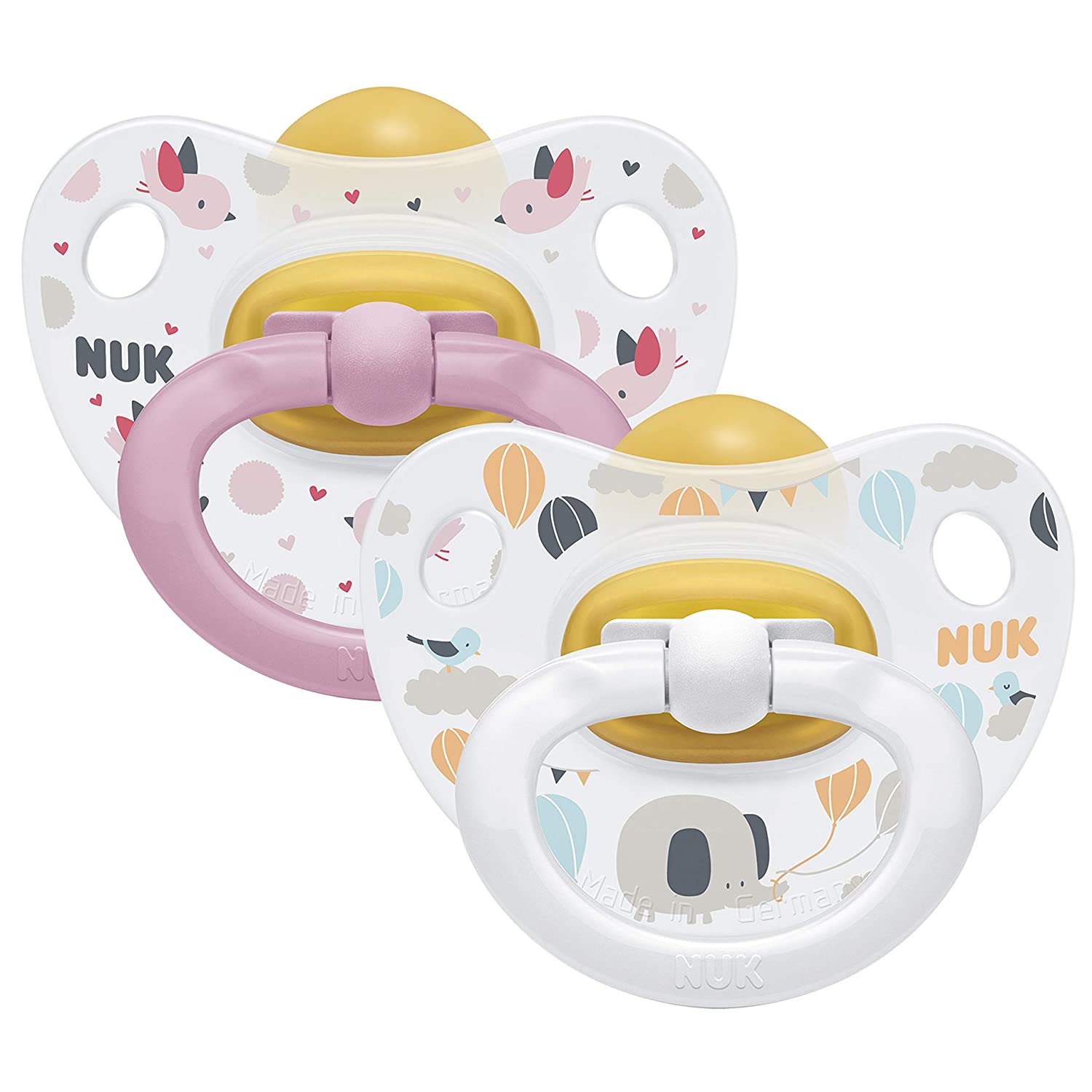 NUK Happy Kids Dummy, 0-6 Months, Latex and Orthodontic Shape, Pink & White, Pack of 2