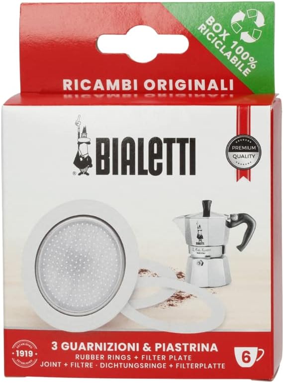 Bialetti Ricambi, including 3 Gaskets and 1 Plate, Compatible with Moka Express, Fiammetta, Break, Happy, Dama, Moka Timer and Rainbow (6 Cups), Bia640308
